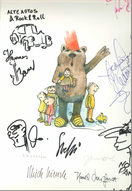 Autogrammkarte mit Zeichnung von Janosch und Unterschriften